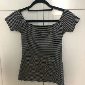 Off the shoulder black and white striped tee
